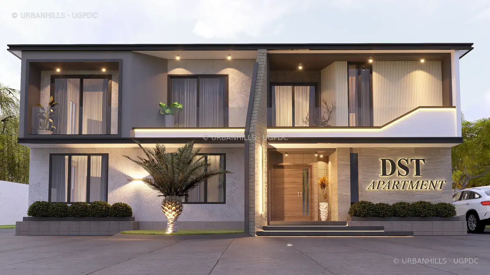 Proposed evening exterior elevation for the DST Apartment transformation study