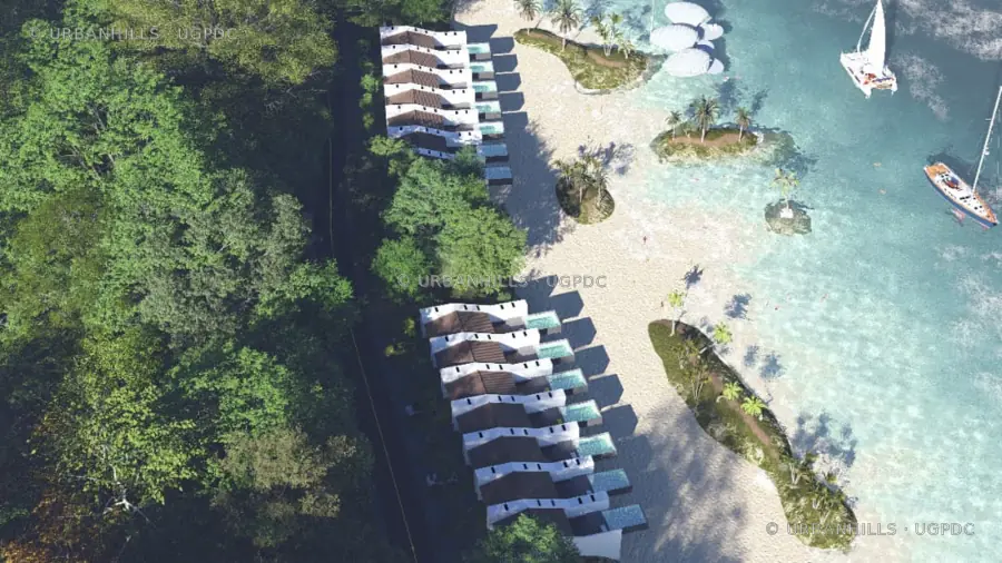 Top-down aerial view of a beachfront villa development layout