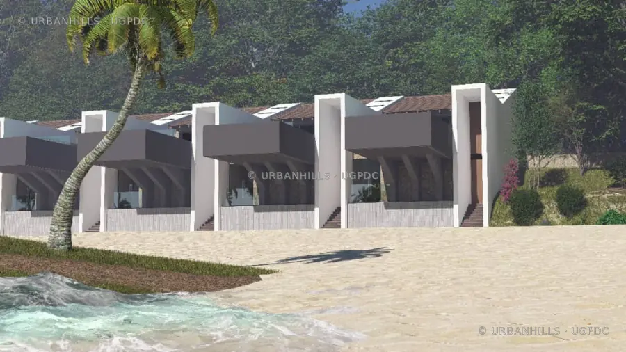 Beach-level elevation of a row of coastal villas with shaded terraces