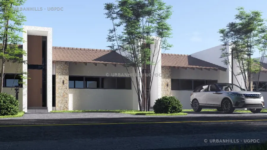 Street elevation of low-rise coastal villas with landscaped frontage