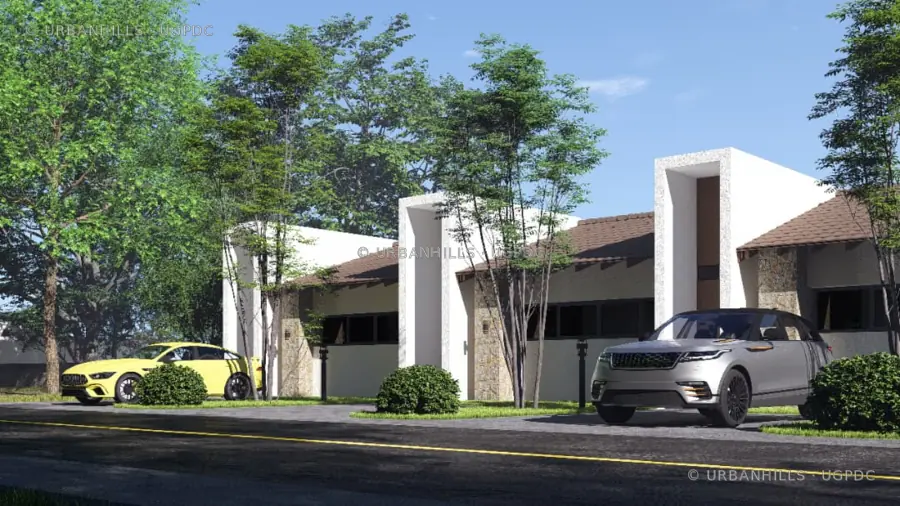Oblique street view of coastal villa entrances and landscaped vehicle approach