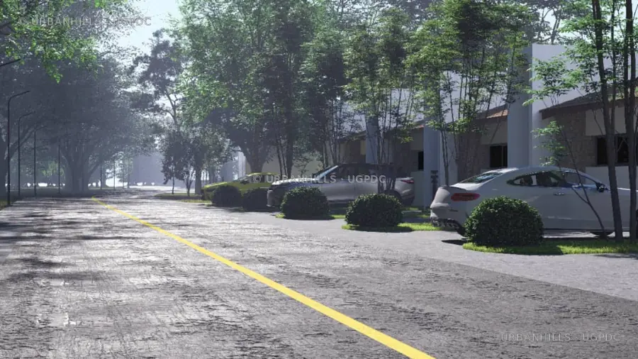 Tree-lined arrival road and parking frontage for a coastal villa development study